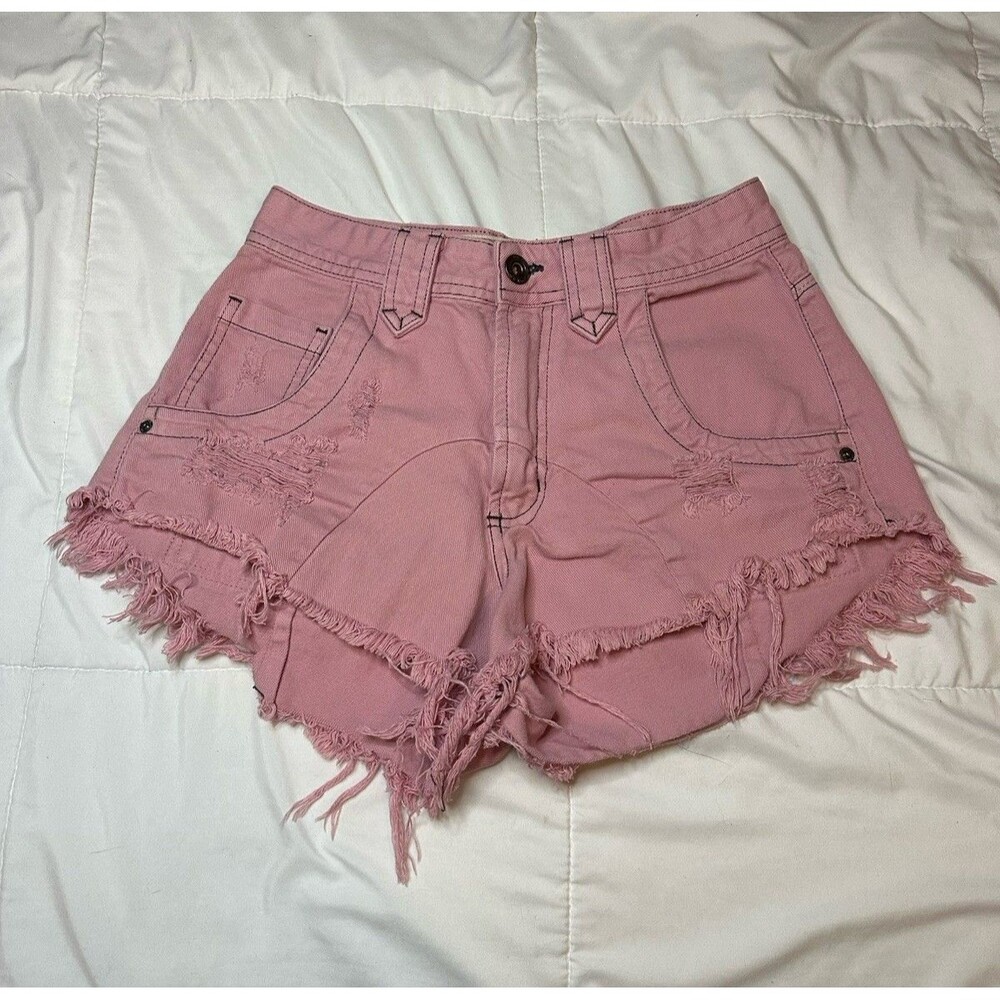 Y2K Oh Boy! Pink Denim Distressed Sz 36 Booty Mini Shorts High Rise 26-27” Waist